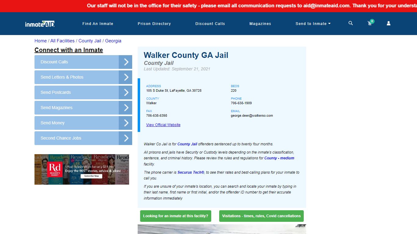 Walker County GA Jail - Inmate Locator - LaFayette, GA